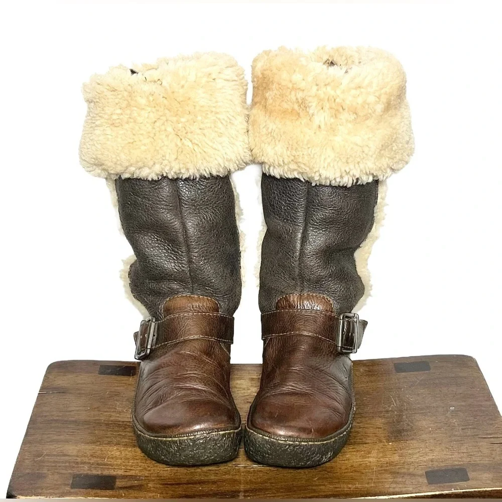 Vintage Born Western Leather Shearling Knee High Boots in Brown & Cream, Size 7